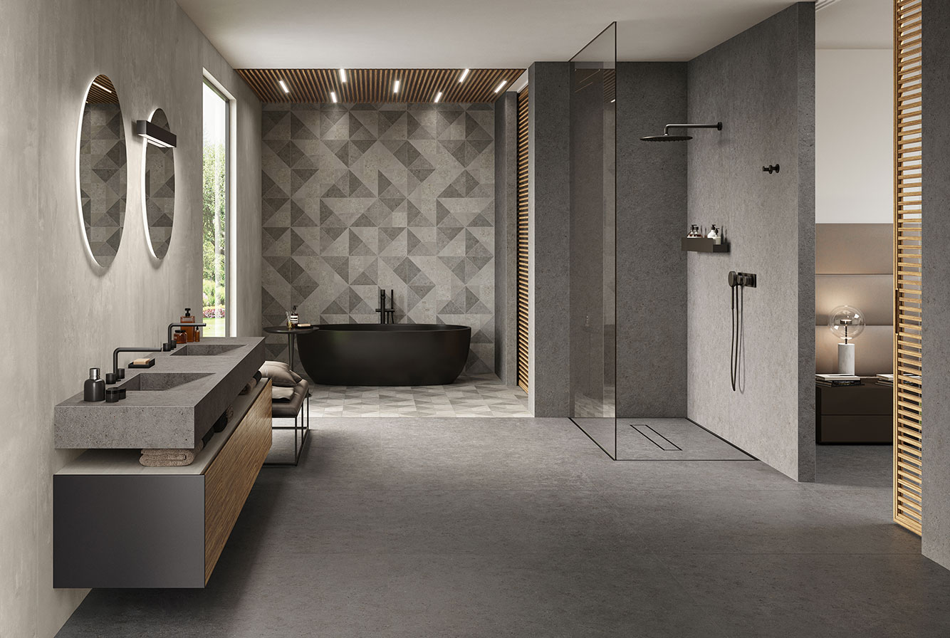 Серая плитка под камень для ванной комнаты