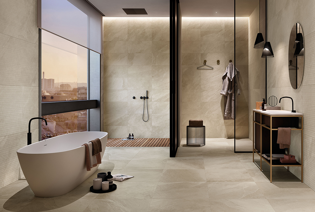 Плитка под бежевый камень для ванной комнаты