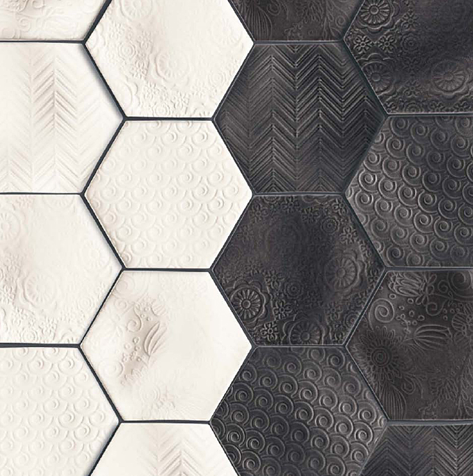 Natucer Caprice – черно-белая плитка шестиугольник с живописными фактурными узорами