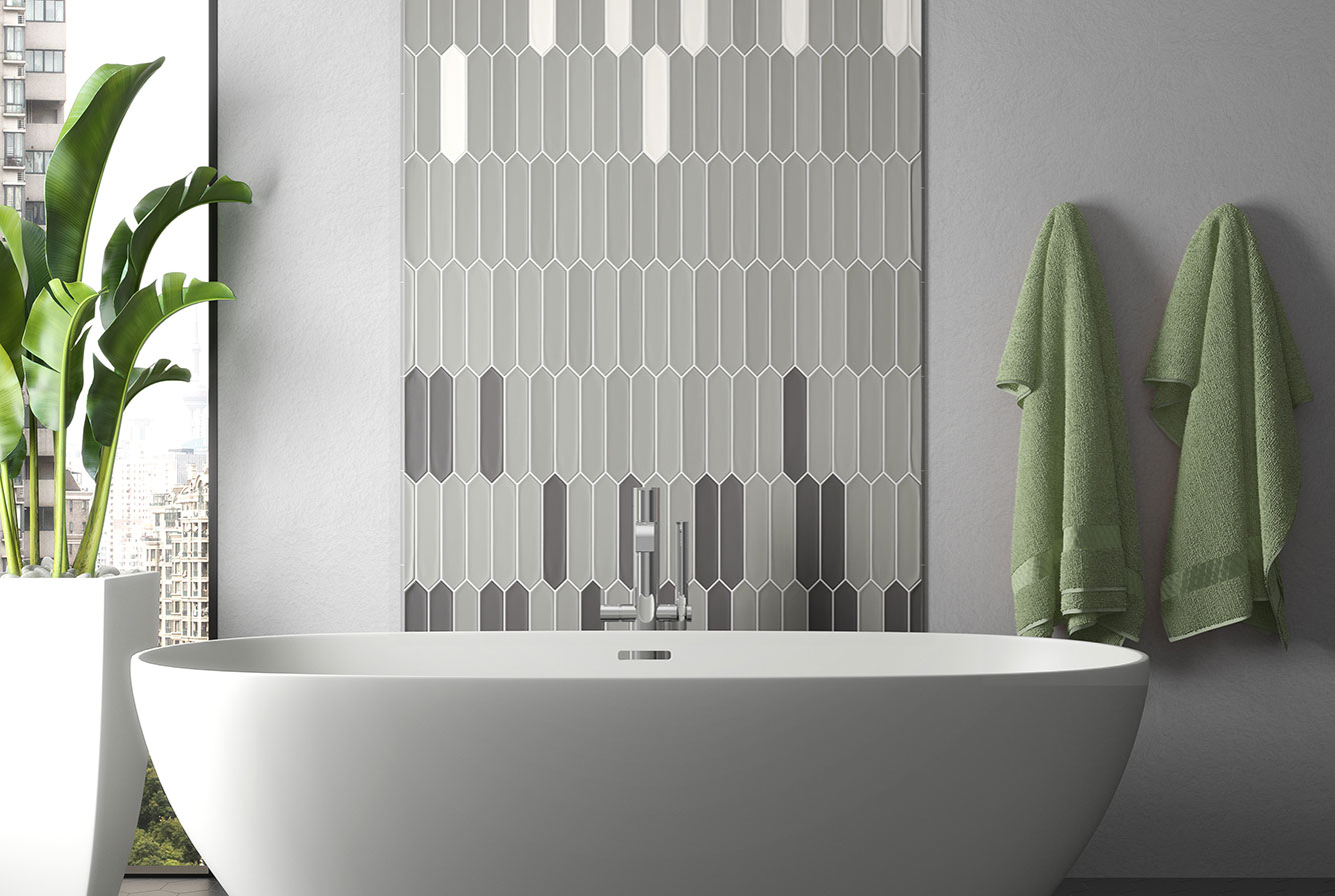 Модная плитка необычной формы для ванной в нежных оттенках