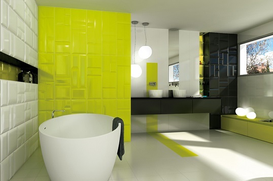 Однотонная ярко-лимонная плитка для ванной и кухни