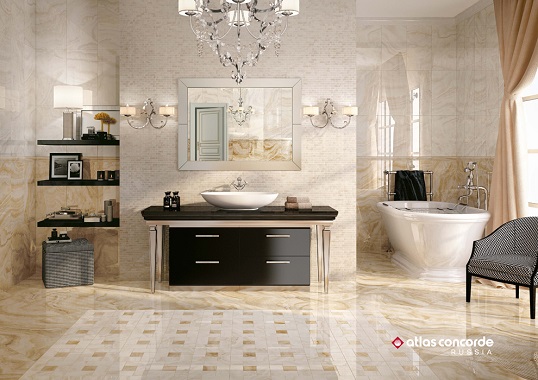 Плитка под золотистый оникс в популярном размере для ванной